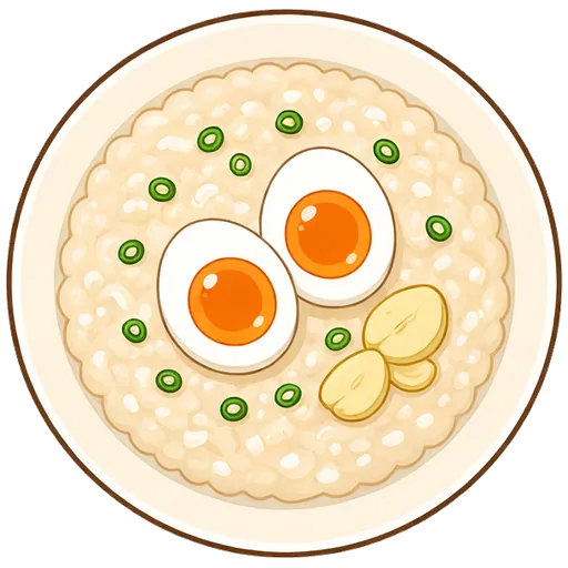 Garlicky rice porridge with jammy eggs