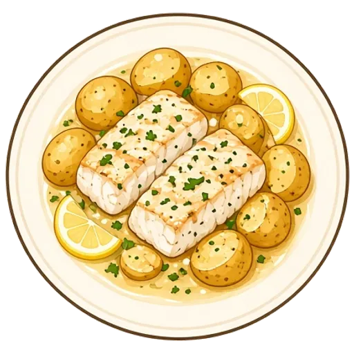 Lemon butter cod with crispy potatoes