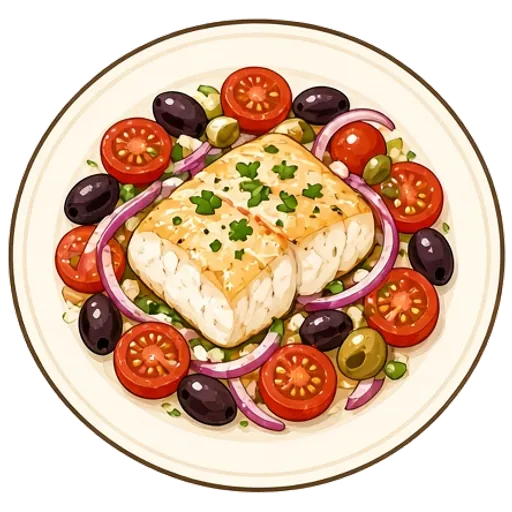 Mediterranean baked cod with tomatoes and olives