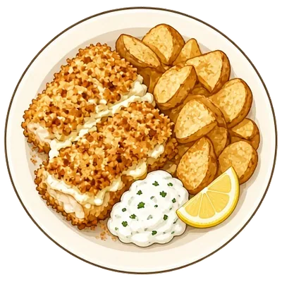 Oven fish and chips with lemony tartar sauce