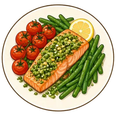 Pesto salmon with roasted tomatoes and green beans