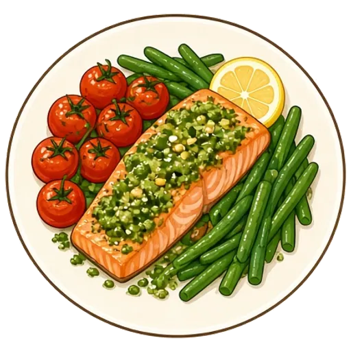 Pesto salmon with roasted tomatoes and green beans