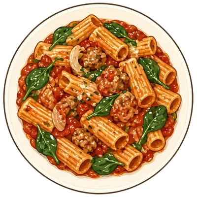 Rigatoni with sausage and spinach