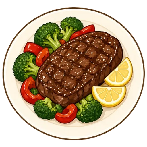 Seared steak with roasted broccoli and peppers